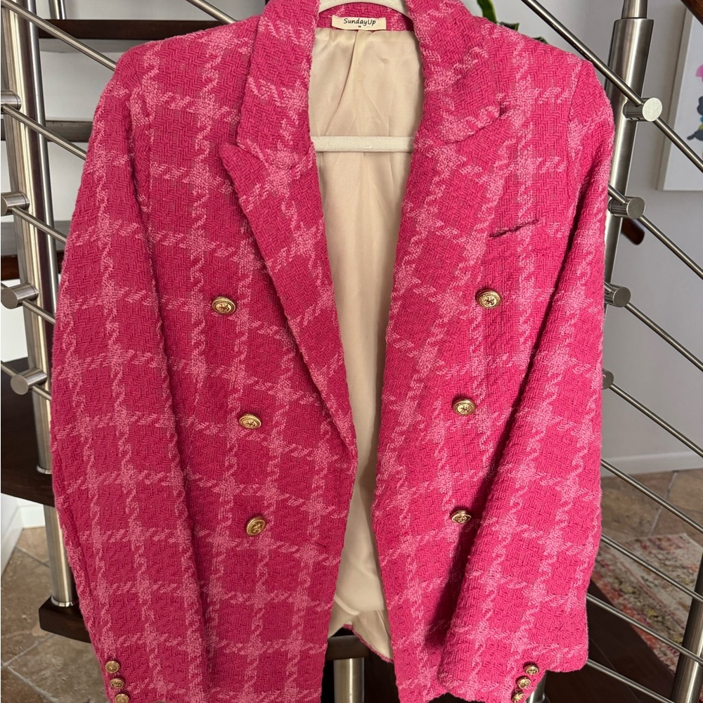 Sunday Up Hot Pink Houndstooth Double-Breasted Blazer